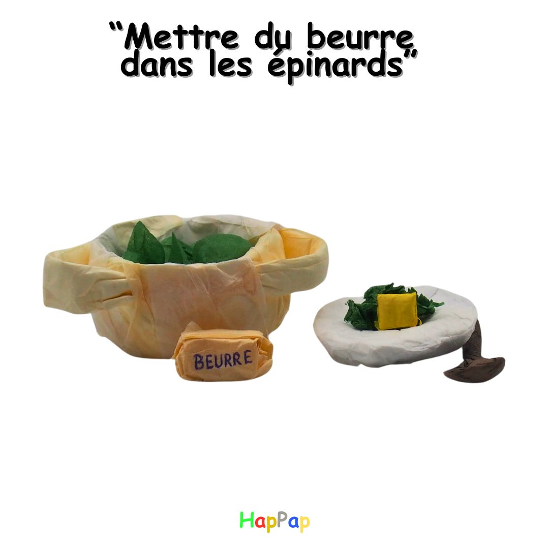 Illustration de l'expression 'Mettre du beurre dans les épinards' avec Petit Chef