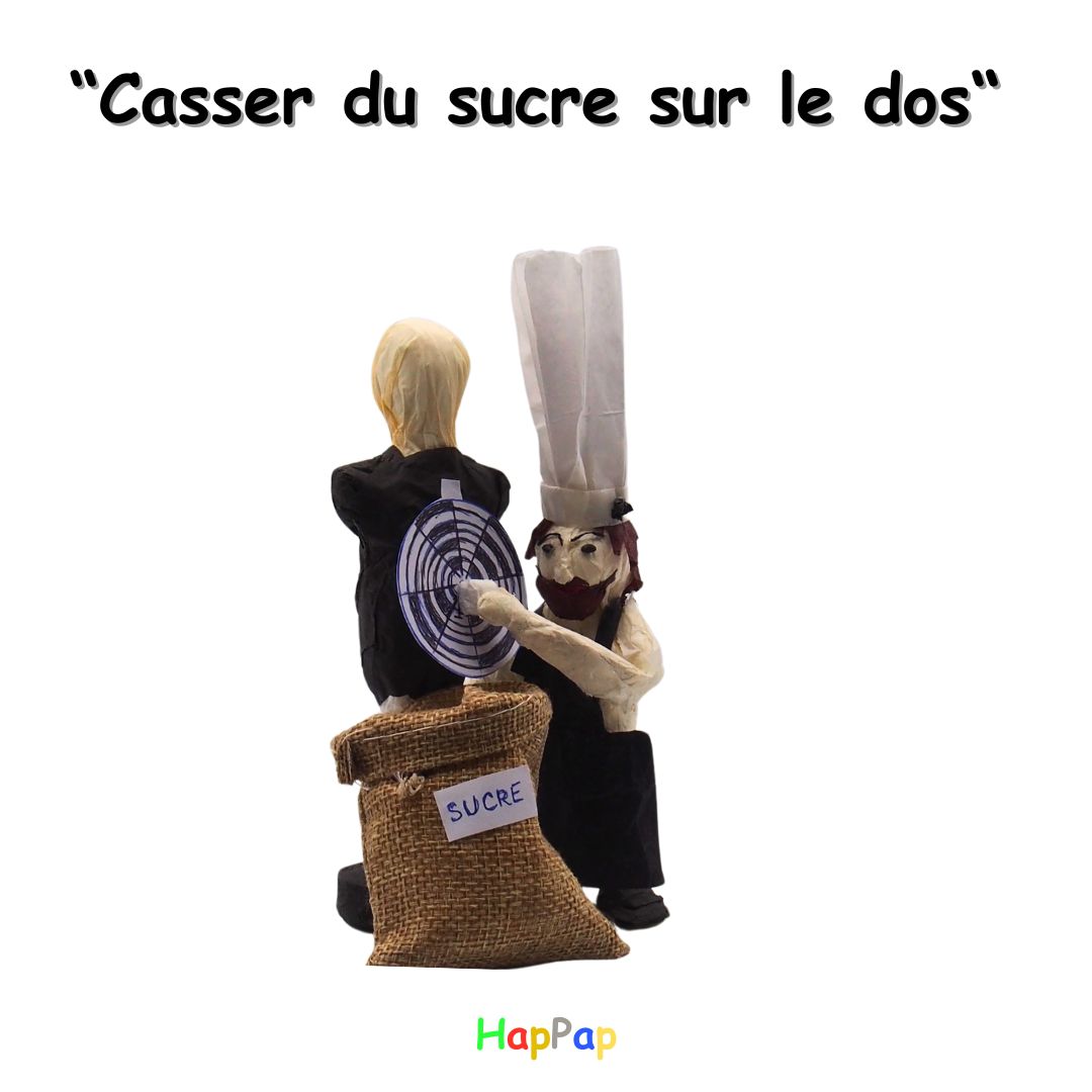 Illustration de l'expression "Casser du sucre sur le dos" avec Petit Chef – Explication ludique des expressions françaises en cuisine.