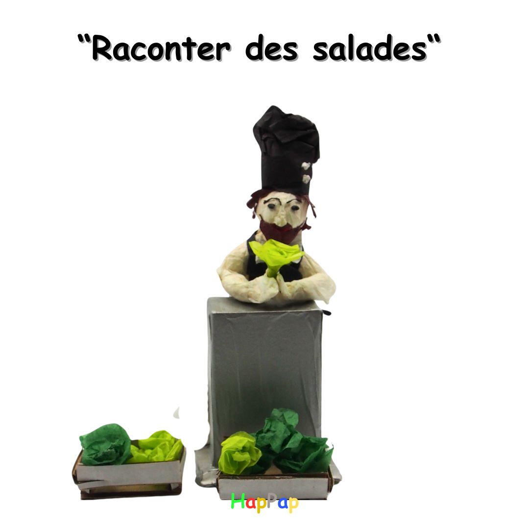 Illustration de l'expression "Raconter des salades" avec Petit Chef – Explication ludique des expressions françaises en cuisine.