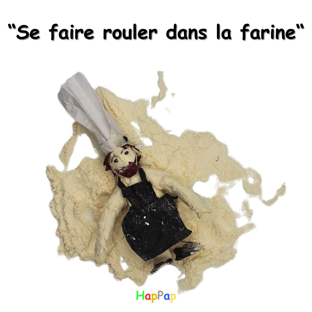 Illustration de l'expression "Se faire rouler dans la farine" avec Petit Chef – Explication ludique des expressions françaises en cuisine.