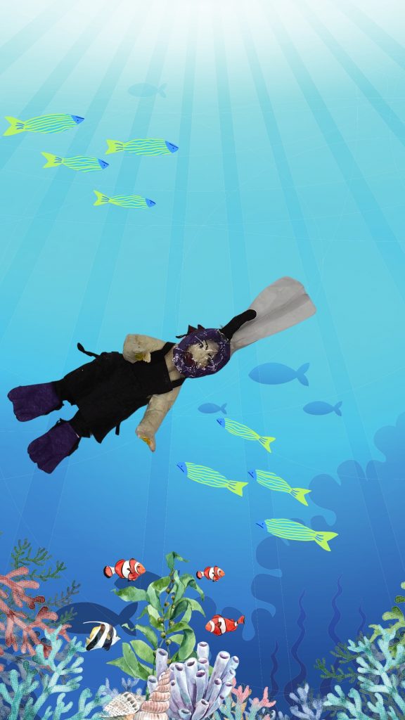 Création artistique HapPap en papier de soie montrant un personnage sous-marin entouré de poissons colorés, inspirée des expressions idiomatiques françaises.