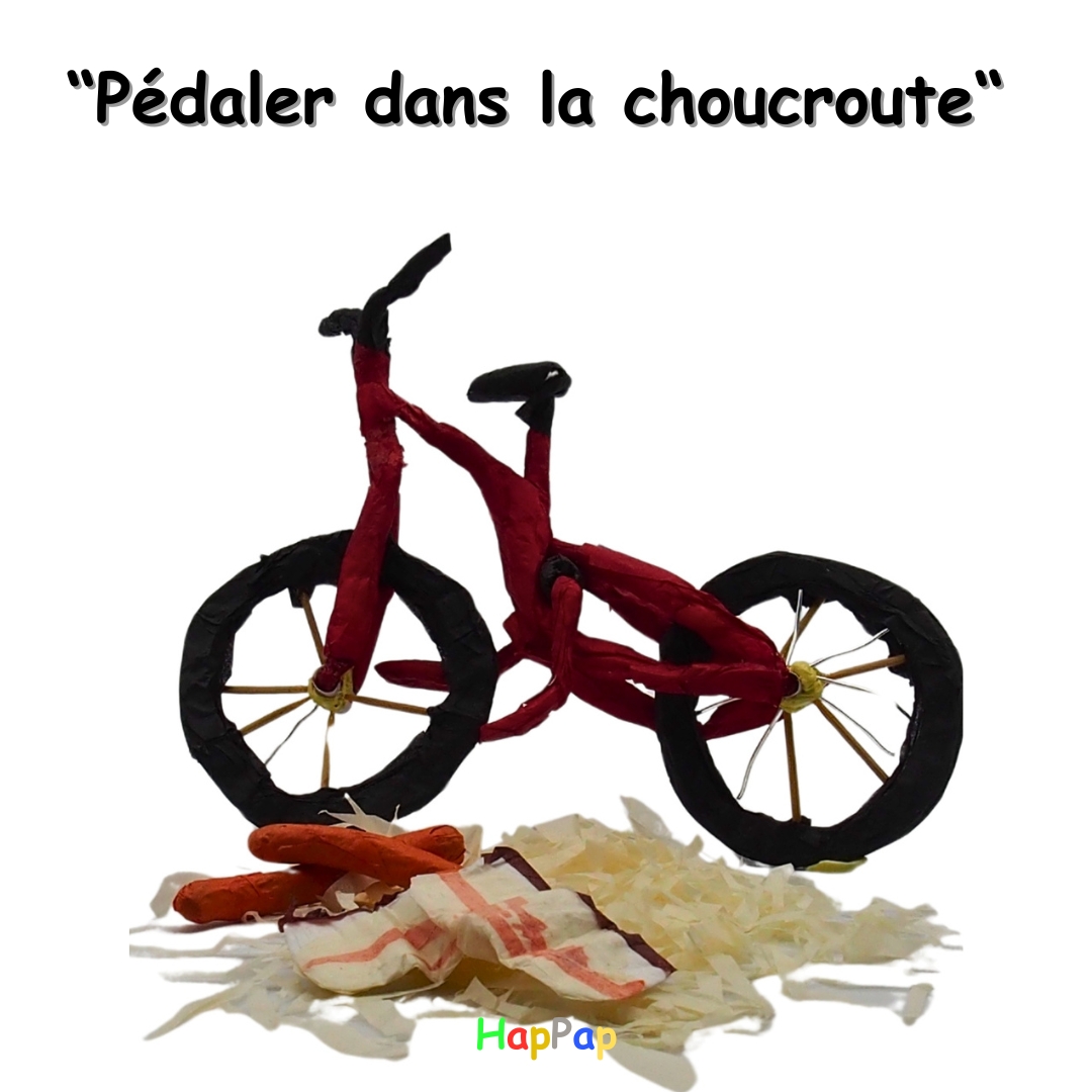 pédaler dans la choucroute illustration en papier de soie petit chef vélo expression française
