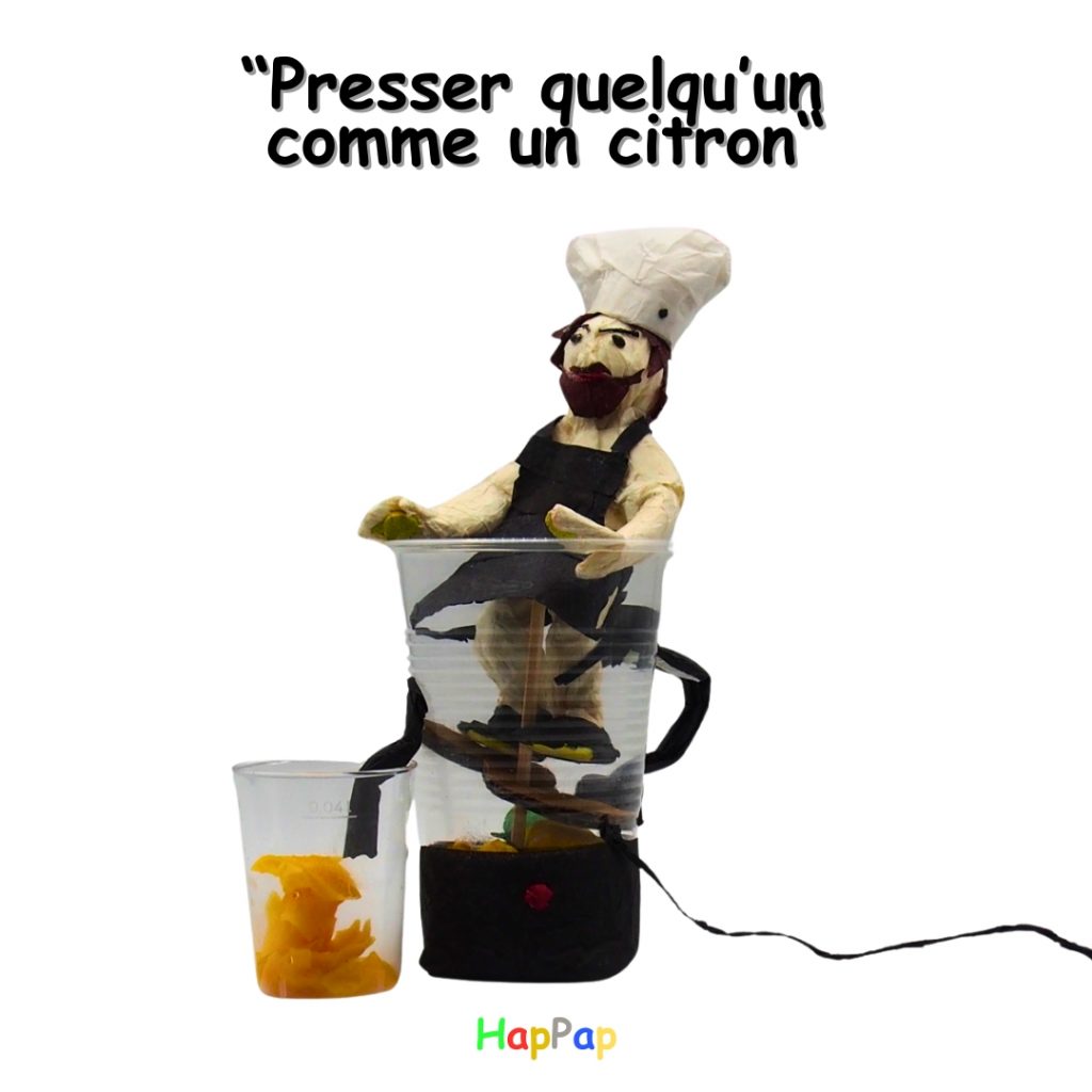 Scène artistique en papier de soie montrant Petit Chef pressant des citrons, symbole de pression et d’épuisement au travail.